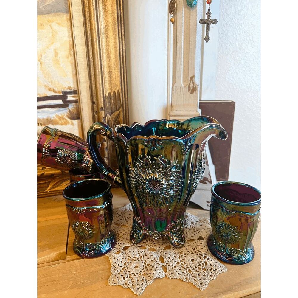 Mosser Glass Amethyst Carnival Dahlia Pitcher Set with 4 Tumblers